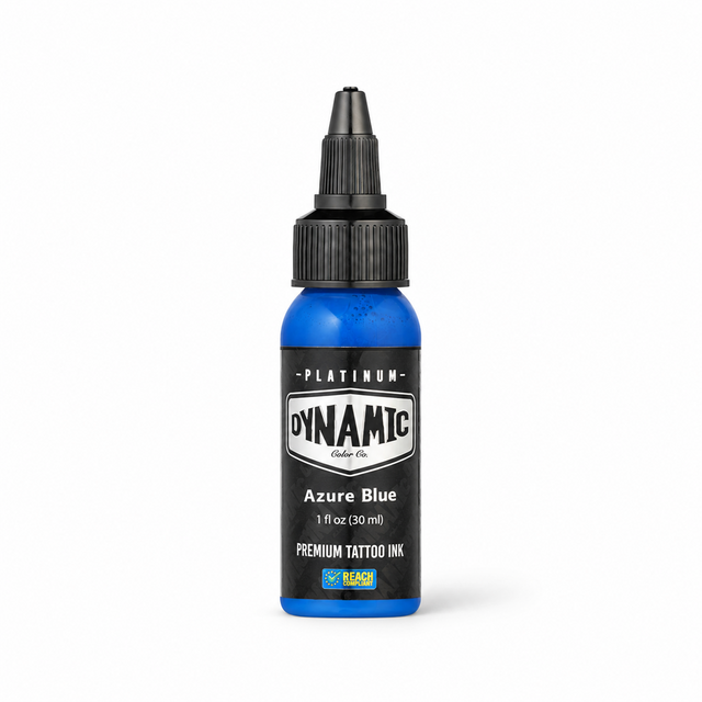 Platinum By Dynamic Tattoo Ink Azure Blue 30ml bottle on a white background with a natural shadow