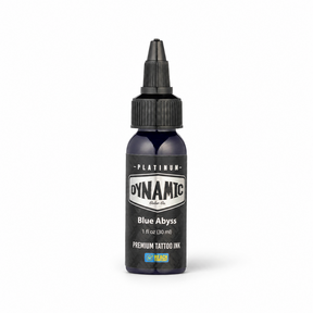 Platinum By Dynamic Tattoo Ink Blue Abyss 30ml bottle on a white background with a natural shadow