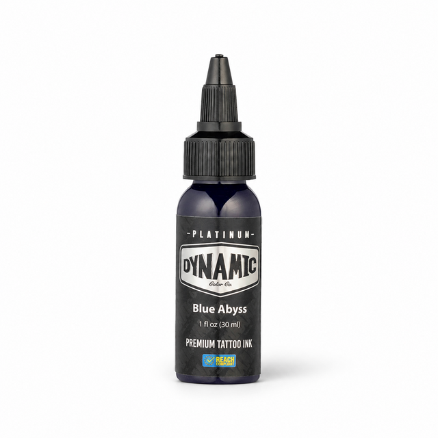 Platinum By Dynamic Tattoo Ink Blue Abyss 30ml bottle on a white background with a natural shadow