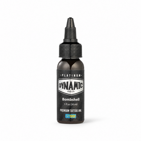 Platinum By Dynamic Tattoo Ink Bombshell 30ml bottle on a white background with a natural shadow