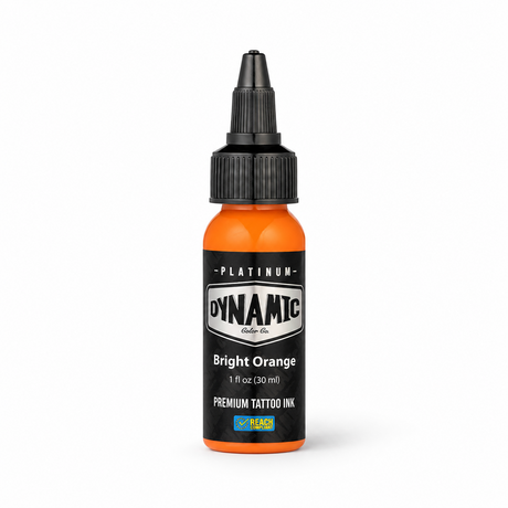 Platinum By Dynamic Tattoo Ink Bright Orange 30ml bottle on a white background with a natural shadow