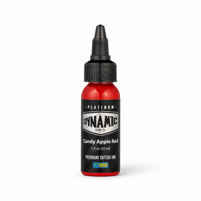 Platinum By Dynamic Tattoo Ink Candy Apple Red 30ml bottle on a white background with a natural shadow