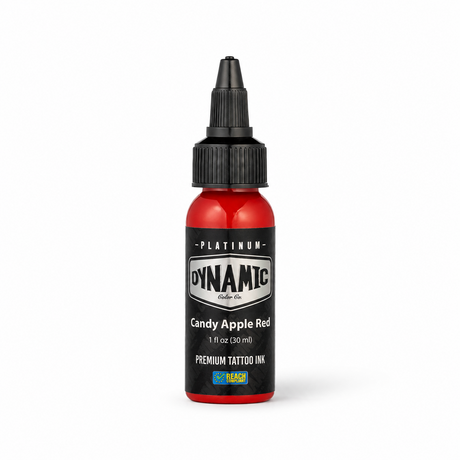 Platinum By Dynamic Tattoo Ink Candy Apple Red 30ml bottle on a white background with a natural shadow