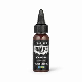 Platinum By Dynamic Tattoo Ink Chocolate 30ml bottle on a white background with a natural shadow