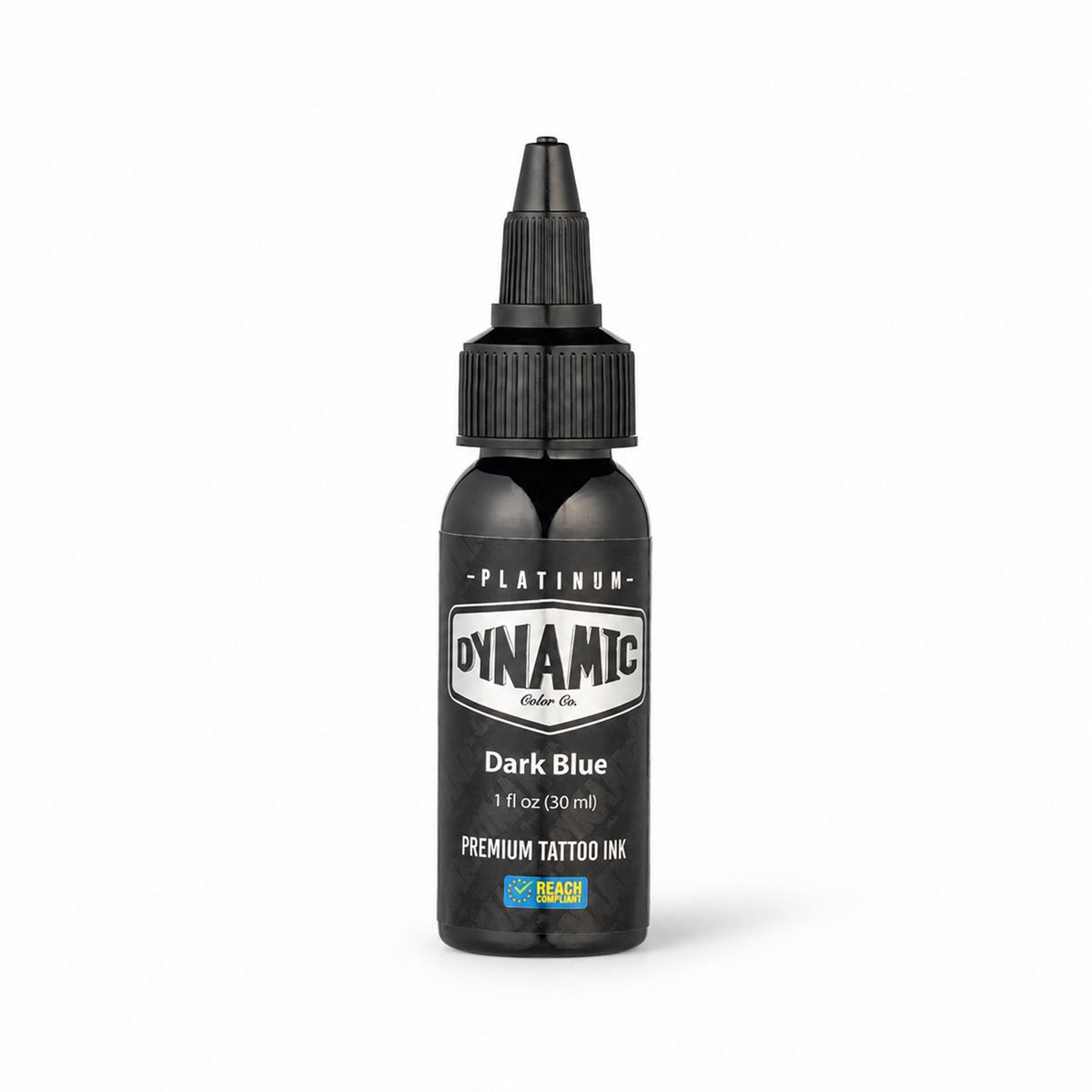 Platinum By Dynamic Tattoo Ink Dark Blue 30ml bottle on a white background with a natural shadow