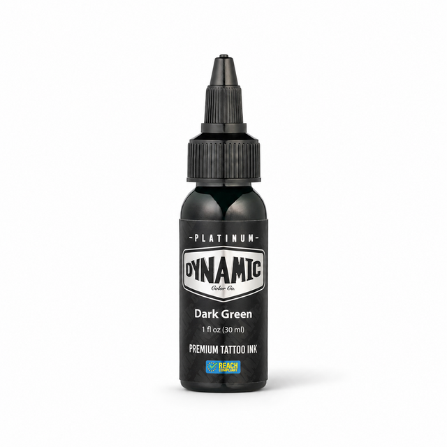 Platinum By Dynamic Tattoo Ink Dark Green 30ml bottle on a white background with a natural shadow