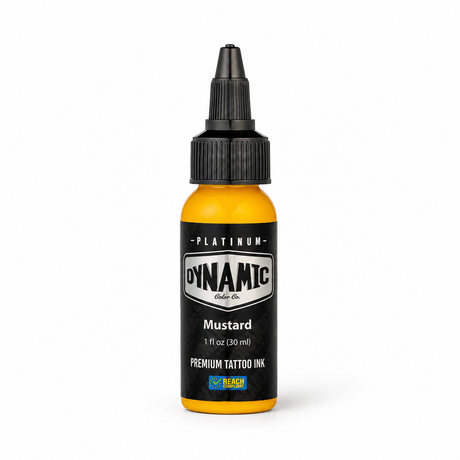Platinum By Dynamic Tattoo Ink Mustard 30ml bottle on a white background with a natural shadow