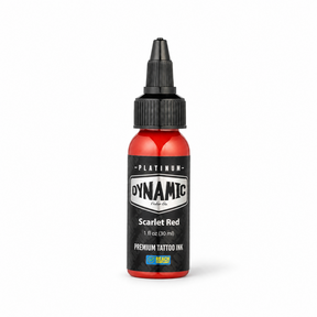 Platinum By Dynamic Tattoo Ink Scarlet Red 30ml bottle on a white background with a natural shadow