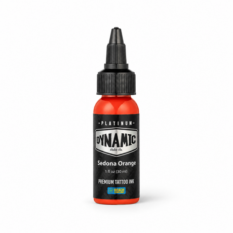 Platinum By Dynamic Tattoo Ink Sedona Orange 30ml bottle on a white background with a natural shadow