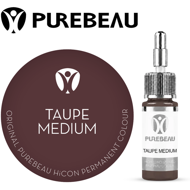Purebeau Taupe Medium 10ml HiCON eyebrow pigment bottle and colour swatch