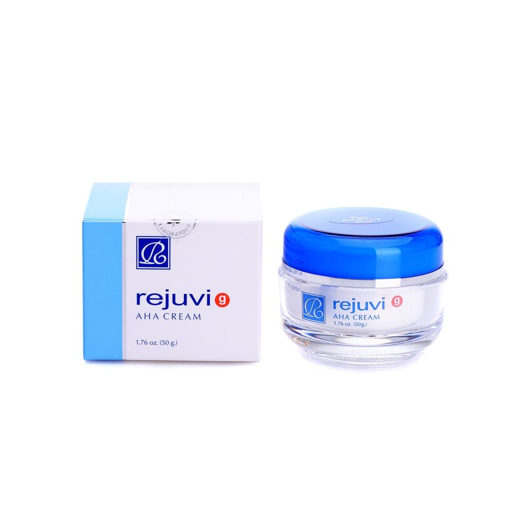Rejuvi G AHA Exfoliating Cream 50g packaging, Normal and Sensitive Skin formulas