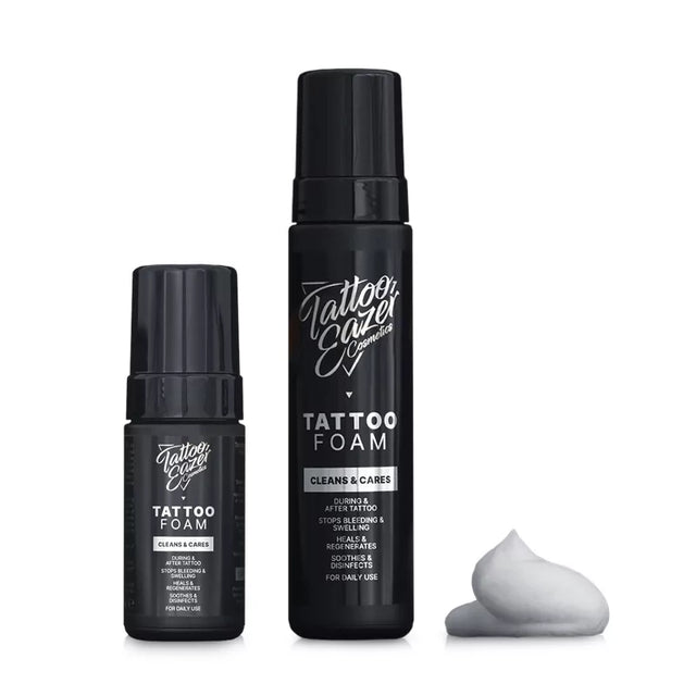 Tattoo Eazer Foam Clean and Care bottle with applicator, designed for tattoo aftercare and skin cleansing.
