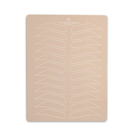Set of five The Perma PMU practicing skin sheets with printed brow shapes and outlines for tattoo training and practice.